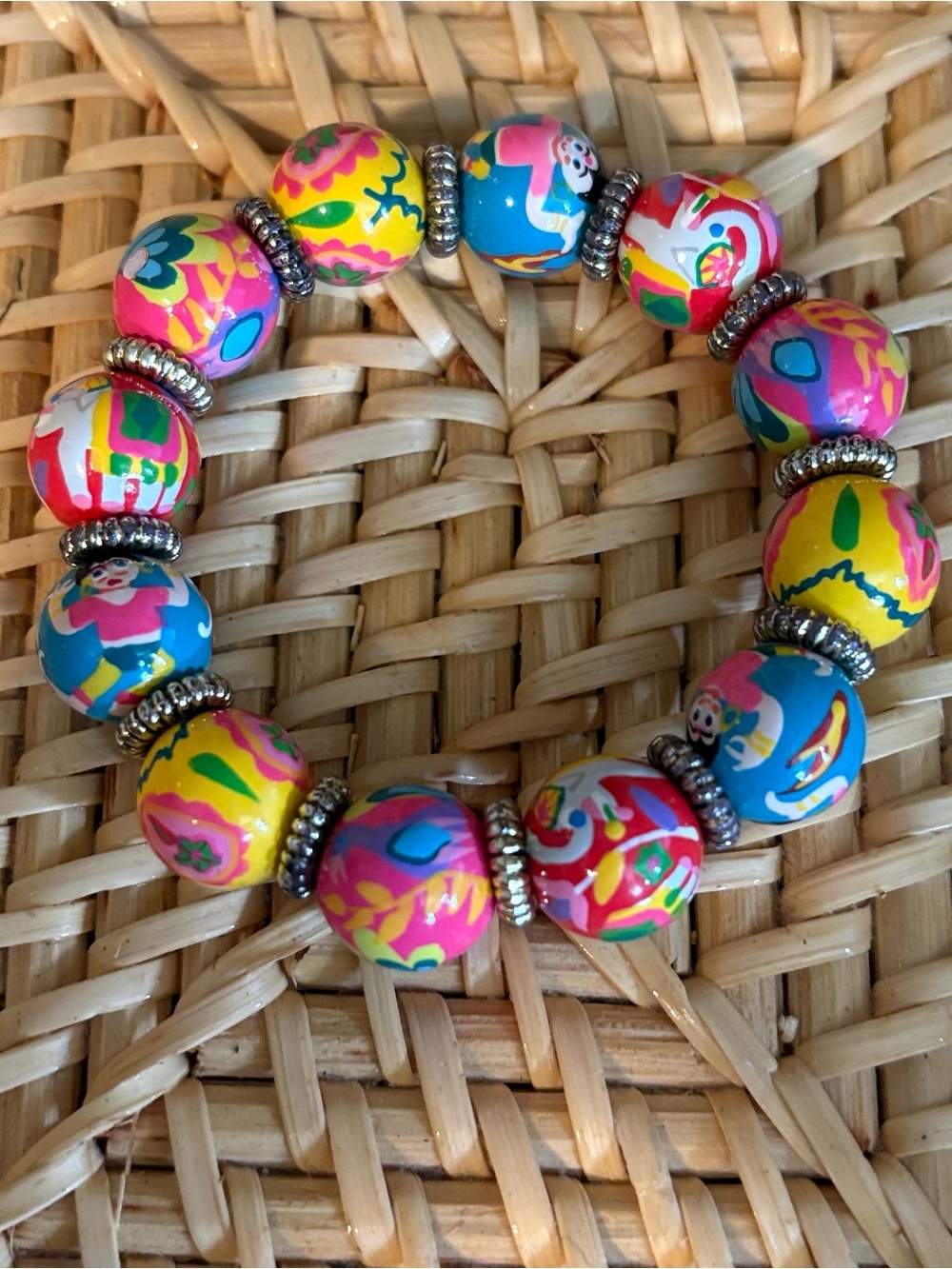 Angela Moore Hand Painted Mulitcolor Elephant Beaded Stretch Bracelet, Silver